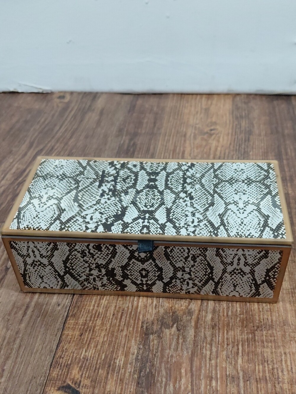 Adrienne Vittadini Reptile Print White and Black Logo Label Metal Trinket Box